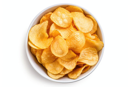 Top view of salted crispy potato chips on white backgroundの素材