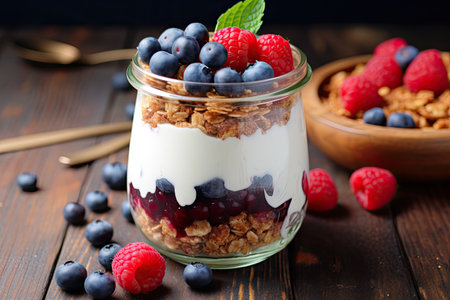Yogurt with granola and berries in a jarの素材