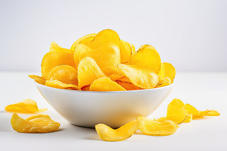 Yellow potato chips with salt on a white isolated background selectively focusedの素材