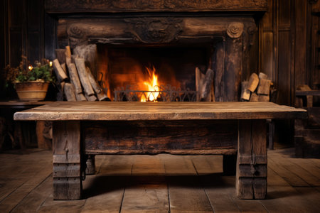 Wooden table and fireplace with a cozy fire in the backgroundの素材