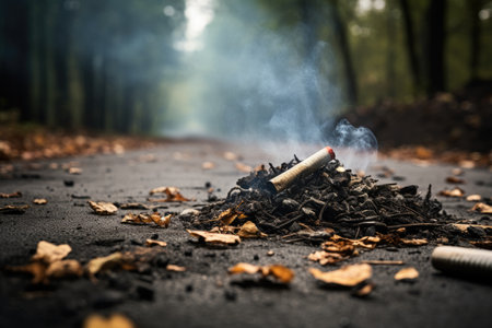 A multitude of discarded cigarette butts and matches litter the streetの素材
