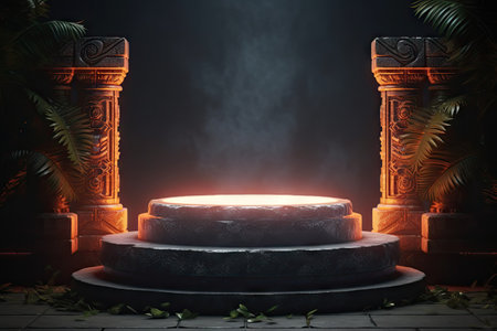 3D neon podium on temple wall with grass sunlight and neon lightの素材