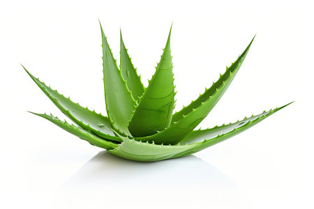 A solitary Aloe Vera plant against a white backdropの素材