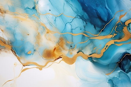 Alcohol ink and watercolor painting abstract blot background Brown blue and gold colors with marbleの素材