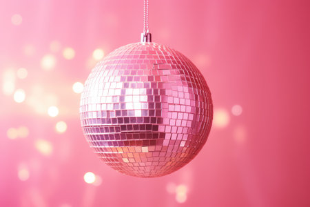 Abstract holiday background featuring a disco ball on pink backdrop adorned with contrasting sunlighの素材
