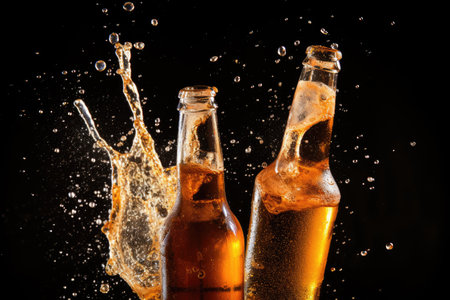 Beer bottle and beer splashing isolated on whiteの素材