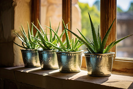 Aloe plants in silver planters by a windowの素材