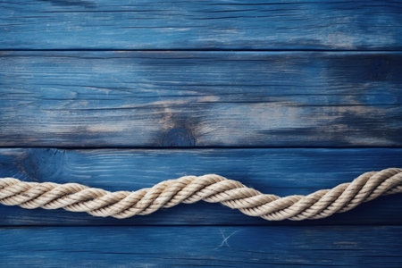 Blue wooden texture background featuring a knotted ship ropeの素材