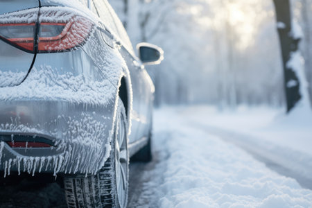 Blurred trees background empty space for text detail view of silver car covered in ice on snow coverの素材
