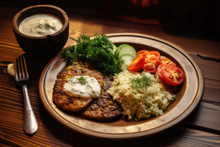 Kinkali a Caucasian dish served on a wooden table at a cafeの素材