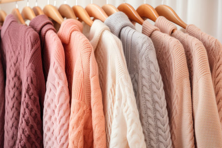 Knitted sweaters in various pastel colors and patterns hang together showcasing visible texture Fashの素材