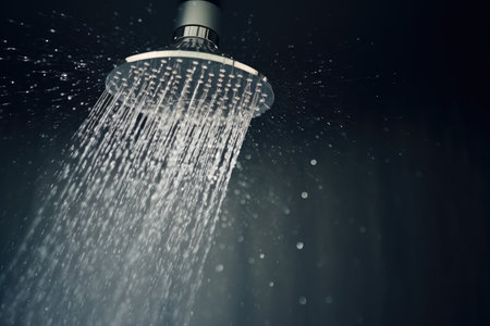 Large rain shower head releasing water dropsの素材