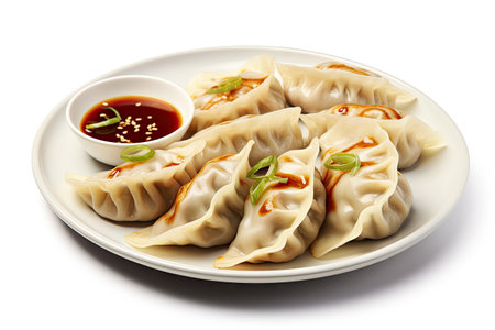Korean dumplings on white background Asian cuisine close ups Text space availableの素材