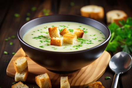 Leek soup with croutons on tableの素材