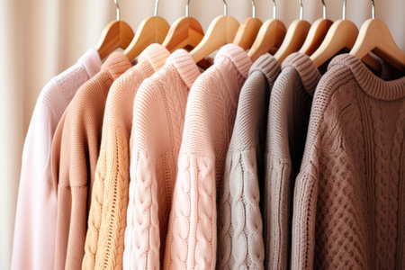 Knitted sweaters in various pastel colors and patterns hang together showcasing visible texture Fashの素材