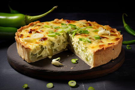 Leek and cheese quiche on a gray backgroundの素材
