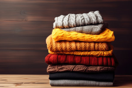 Knitted winter clothes stacked on wooden background space for textの素材