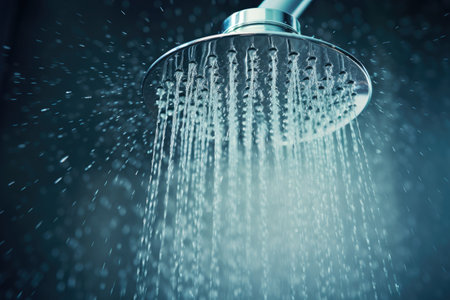 Large rain shower head releasing water dropsの素材
