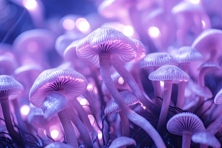 Light and shadow contrast in an abstract background with pastel purple wild magic mushroom caps andの素材