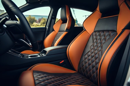 Luxurious car features a sleek brown leather interior with comfortable stitching accented orange seaの素材