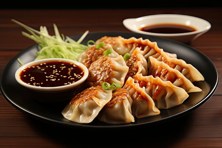 Korean food specifically king dumplings served with soy sauceの素材