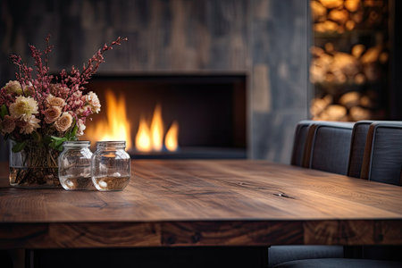 Luxurious home interior with rustic table top and blurred fireplace Empty space on table for productの素材
