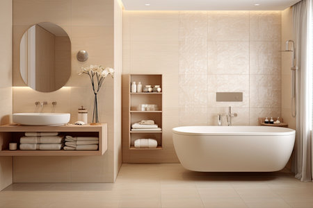 Luxurious beige bathroom with wall tilesの素材