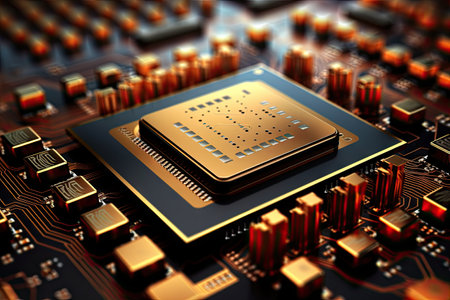 Macro photography of the CPU s gold pins microchip legs and other computer components in central proの素材