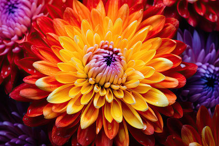 Macro shot of a vibrant chrysanthemum flower with a colorful backgroundの素材