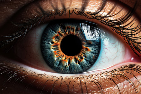 Macro photography of a black background focuses on the close up iris of an eyeの素材