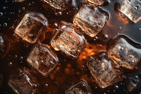 Macro bubbles floating in dark soda with ice cubesの素材