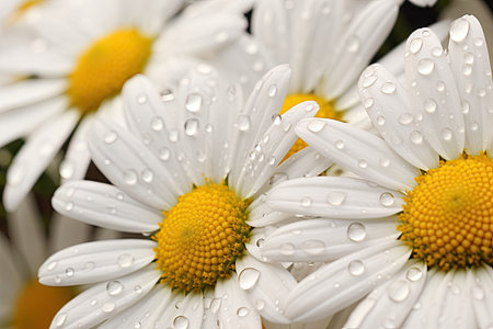 Macro shot of dew drops on white chamomile flowers with shallow depth of field and blurred objectsの素材