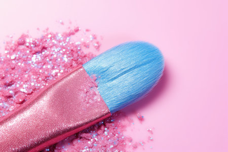 Makeup swatch of blue glitter cosmetic product on pink background including eye shadow lip gloss andの素材
