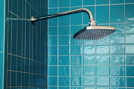 Master replaces shower head in blue tiled bathroomの素材
