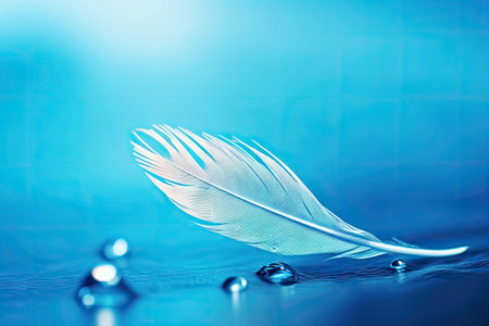 Macro image of a delicate drop of pure water on a feather against a blurred blue background conveyinの素材