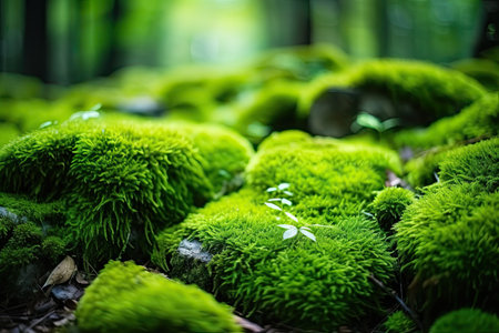 Macro view of beautiful bright green moss covering rough forest stones and floor creating a nature wの素材