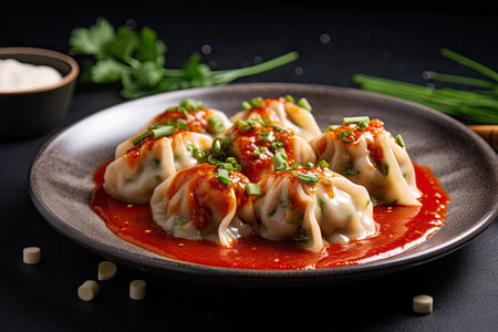 Meat filled Georgian dumplings Khinkali served with spicy tomato sauce Satsebeli on a white plateの素材