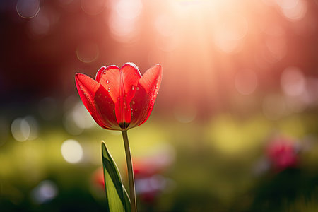 Macro shot of a red tulip on blurred green backdrop with bokeh and sunの素材