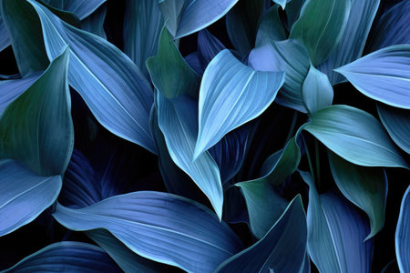 Macro photography of Cordyline leaves with an abstract blue texture patternの素材