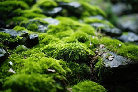 Macro view of the forest s floor showcasing rough stones covered in bright green moss perfect for naの素材