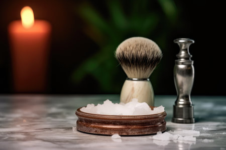 Male self care symbolized by a shaving brush and straight razor on a pedestal Men require self careの素材