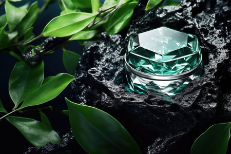Men s skincare products featuring green branches and diamond shaped transparent stones showcased agaの素材