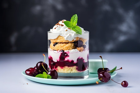 Mint garnished dessert with yogurt cookies cherries in glassの素材