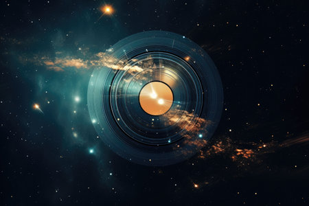 Minimal artwork of a disco ball planet flying vinyl plateの素材