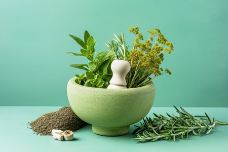 Medicinal herbs in mortar on green background Top view Copy spaceの素材