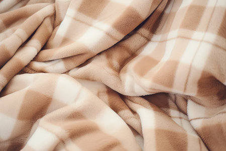 Partial focus on crumpled beige blanket or plaid with soft fluffy texture Abstract background and frの素材