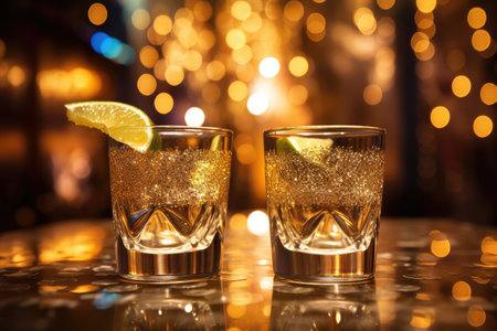 Mexican drink silver and gold tequila in a glass with bright light backgroundの素材