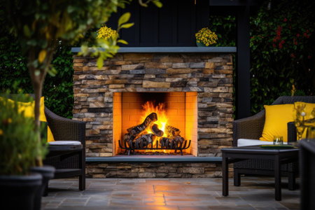Outdoor fireplace with large yellow flame and black backgroundの素材