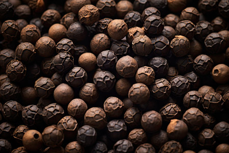 Close up of black pepper grains against a backgroundの素材