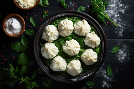 Cheese and spinach Khinkali dumplings Raw semi finished dumplingsの素材